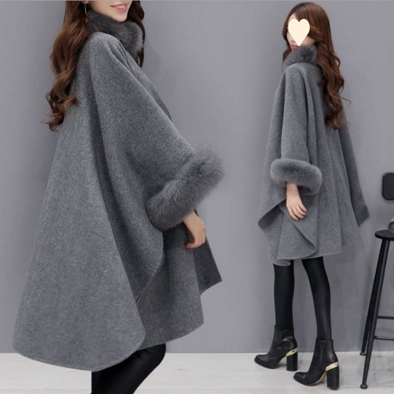 Hepburn Style Woolen Women's Autumn and Winter Mid-Length Thickeneded Woolen Outwear Imitation Rabbit Fur Collar Women's Women's Cloak Outwear