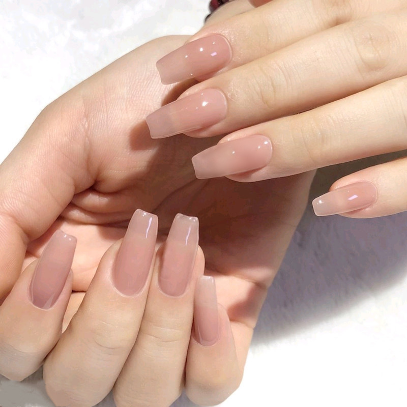 D47 jelly Jade fat solid color long trapezoid wearing nail removable nail art finished ice transparent nude color nail art fake nails