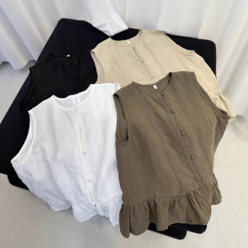 2026 Spring New Style Hemp Sleeveless Shirt Top for Women with Small Lace Collar, Cuffs, and Hem Ruffles