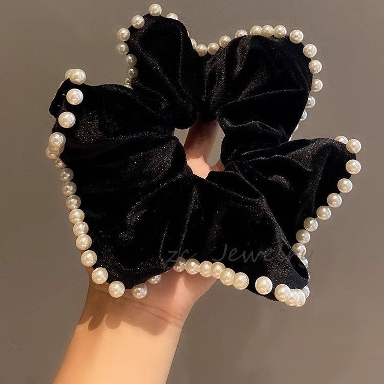 26# black velvet pearl rim hair tie about 16cm