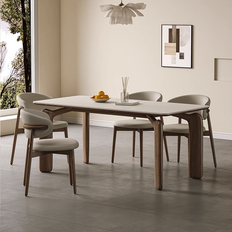 Mesa de Comedor Nórdica de Madera Maciza Rectangular para el Hogar, Color Nogal, Estilo de Losa de Roca de Madera de Fresno Blanco Mate de Lujo Ligero