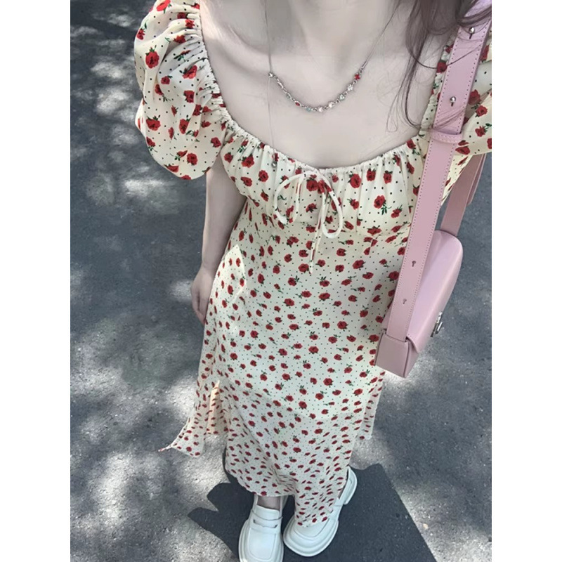 フランスのハイエンドウエスト花柄ドレス女性の夏の新しいスタイルの背の高い人向けのスリムなスクエアネックスカート|undefined