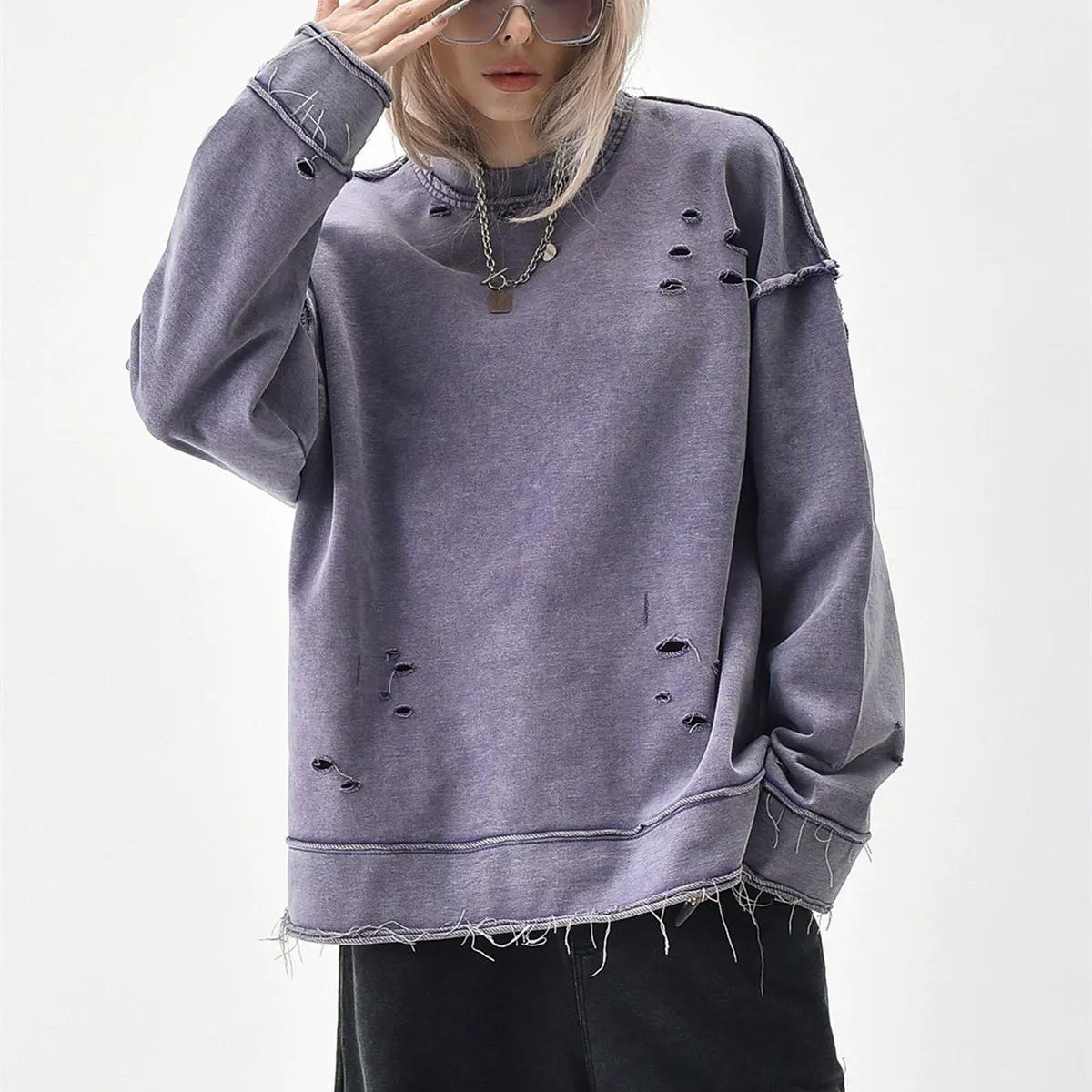 New Fashionable Washed Cut Sweatshirt for Women American Retro Versatile Cotton Purple Round Neck Customizable Logo Sweatshirt