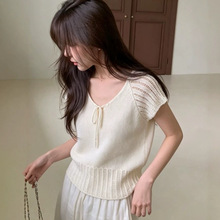 韩系温柔风系带针织衫短袖毛衣女2026新款镂空气质百搭上衣女1568