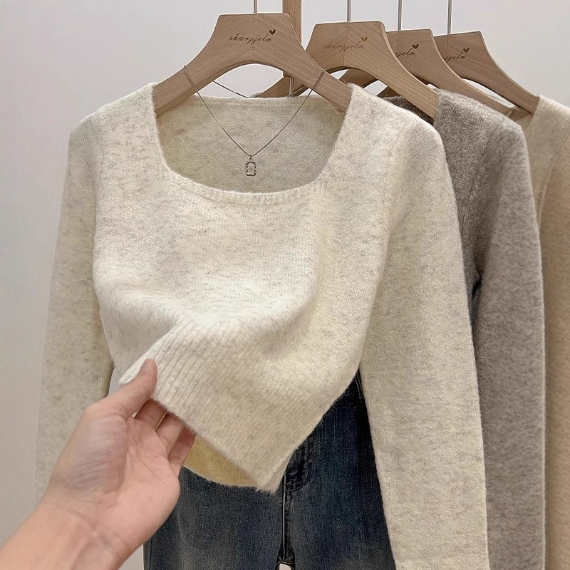 Square Neck Short Knitted Sweater for Women, Autumn and Winter Long-Sleeved Sweater, Square Neck Alpaca Wool Inner Layer, Soft and Cozy Sweater