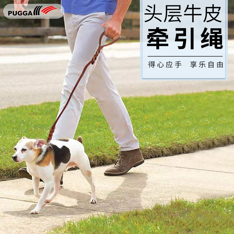 廠家直供頭層牛皮牽引繩狗狗牽引帶項圈大中小型犬適用