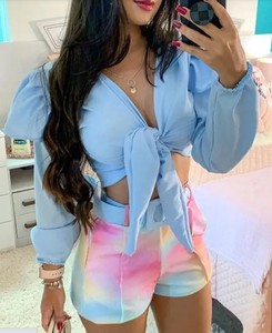 Sunscreen blue shirt versatile gradient tie dye printed shorts two piece set