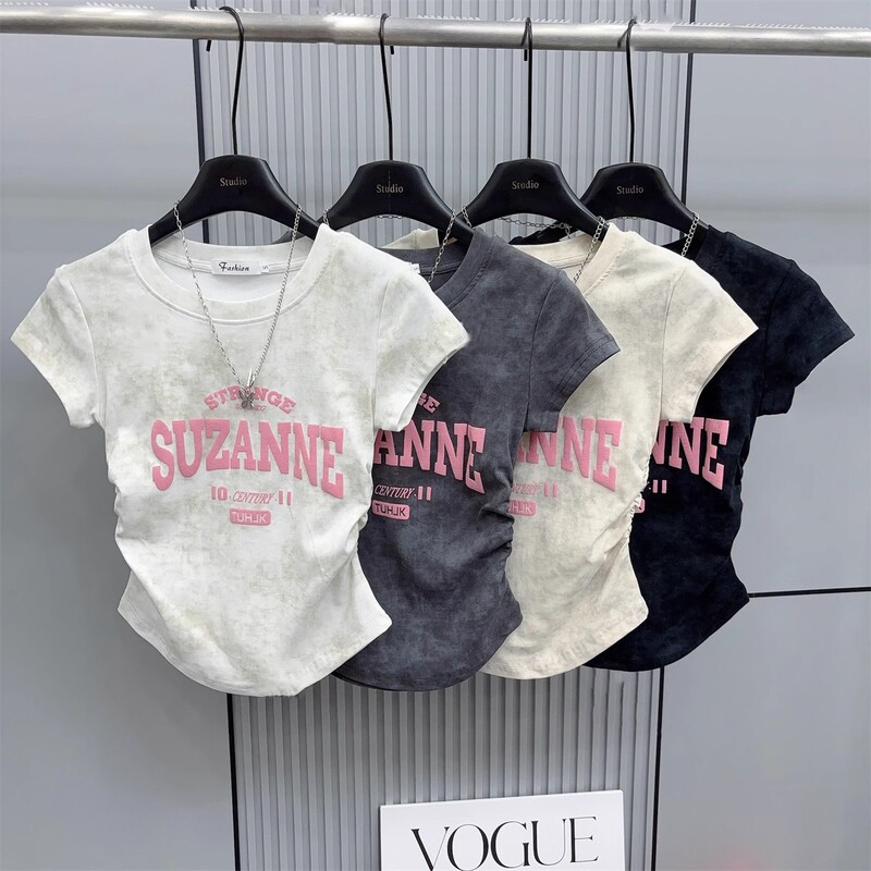 TikTok Live Quality Tie-Dye Shoulder Short-Sleeved T-Shirt Women's 2025 Summer New Pleated Short Top TikTok Live Quality Tie-Dye Shoulder Short-Sleeved T-Shirt Women's 2025 Summer New Pleated Short Top