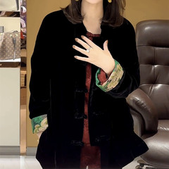 国風の新しい中国式の金のベルベットの唐服のコートの女性の春と秋のレトロでゆったりしていて、やせている短いカジュアルなカーディガンの上着が見えます。