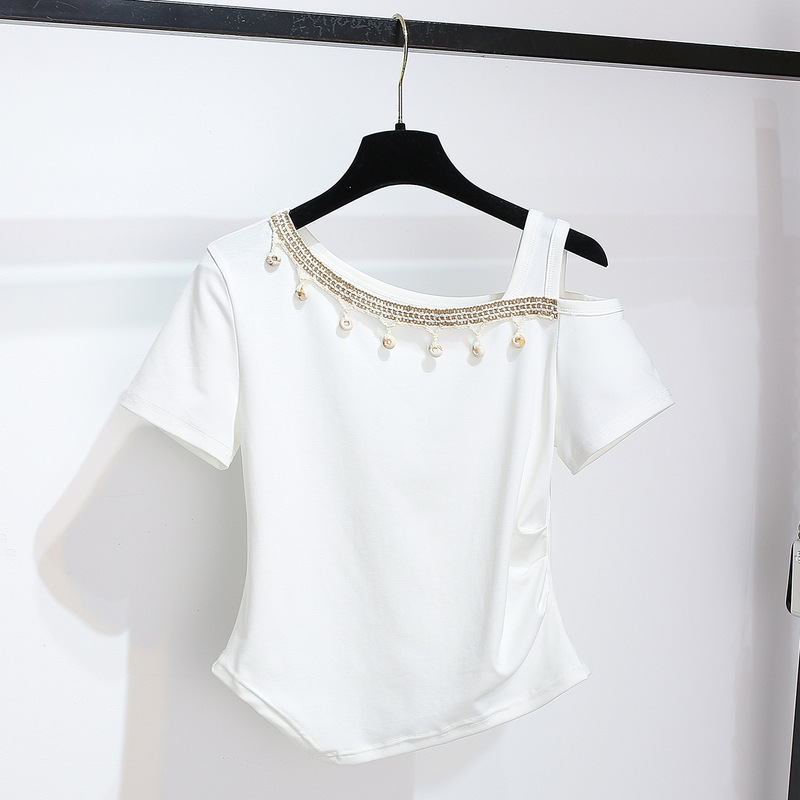 Bohemian Style Off-Shoulder Short-Sleeved T-Shirt for Women 2026 Summer New Hot Style Irregular Hem Short Waist-Cinching Top