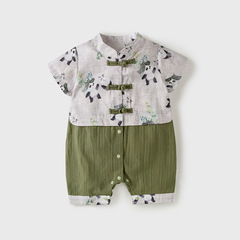 嬰兒連體衣夏季薄款熊貓盤扣新中式男女寶寶哈衣新生兒爬服包屁衣