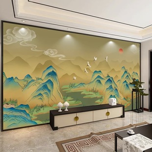 千里江山图壁纸新中式客厅沙发背景墙布山水画茶室办公室装饰壁画-阿里巴巴