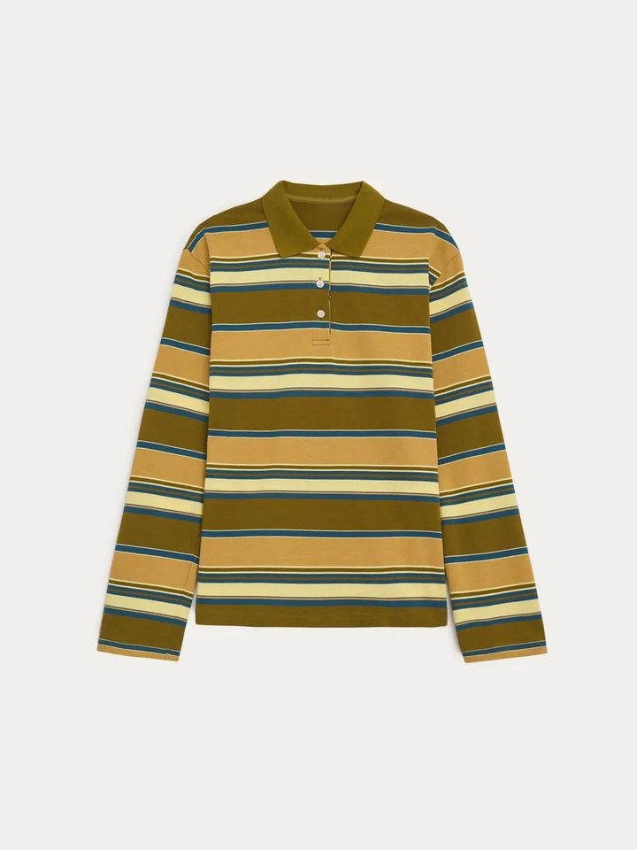 Áo thun nữ sọc dài tay cổ polo dáng rộng phong cách retro — hồng, màu nâu, nâu sẫm, quần kaki chi tiết 34