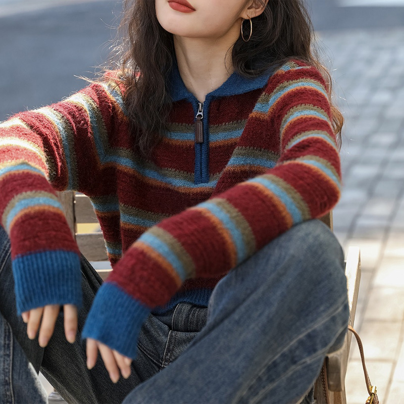 Vintage Polo Collar Half Zip Striped Sweater Women's Spring and Autumn Loose Contrast Color Short Pullover Sweater Outer Wear Top
