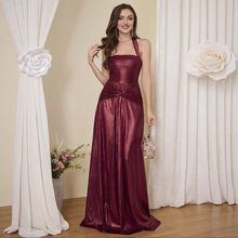 抹胸挂脖敬酒服2025新款酒红色宴会气质主持人礼服女晚礼服小拖尾