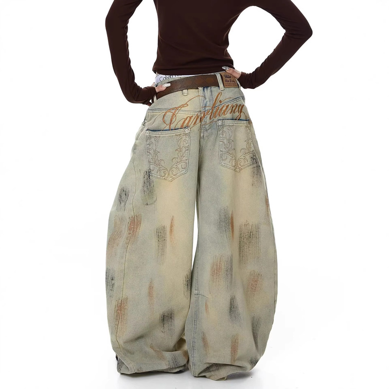 American-Style Spicy Girl Wasteland Style Dirty-Dyed Jeans for Women, Summer Design, Loose Fit, Export Cross-Border Jazz Dance Scimitar Pants American-Style Spicy Girl Wasteland Style Dirty-Dyed Jeans for Women, Summer Design, Loose Fit, Export Cross-Border Jazz Dance Scimitar Pants