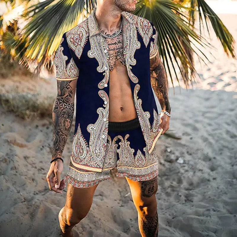 2022跨境欧美夏威夷度假风格男士短袖衬衫翻领沙滩度假印花套装