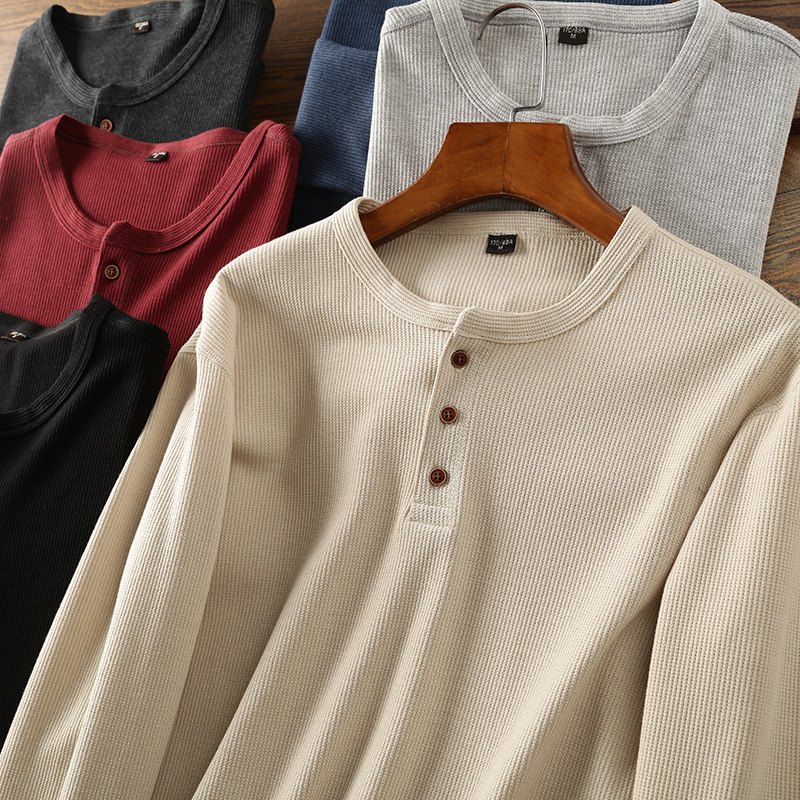 Cattle Recommended Waffle Henley Collar Men's Solid Color Loose Knitted Pullover Base Shirt Casual Long Sleeve Shirt for Hair Cattle Recommended Waffle Henley Collar Men's Solid Color Loose Knitted Pullover Base Shirt Casual Long Sleeve Shirt for Hair