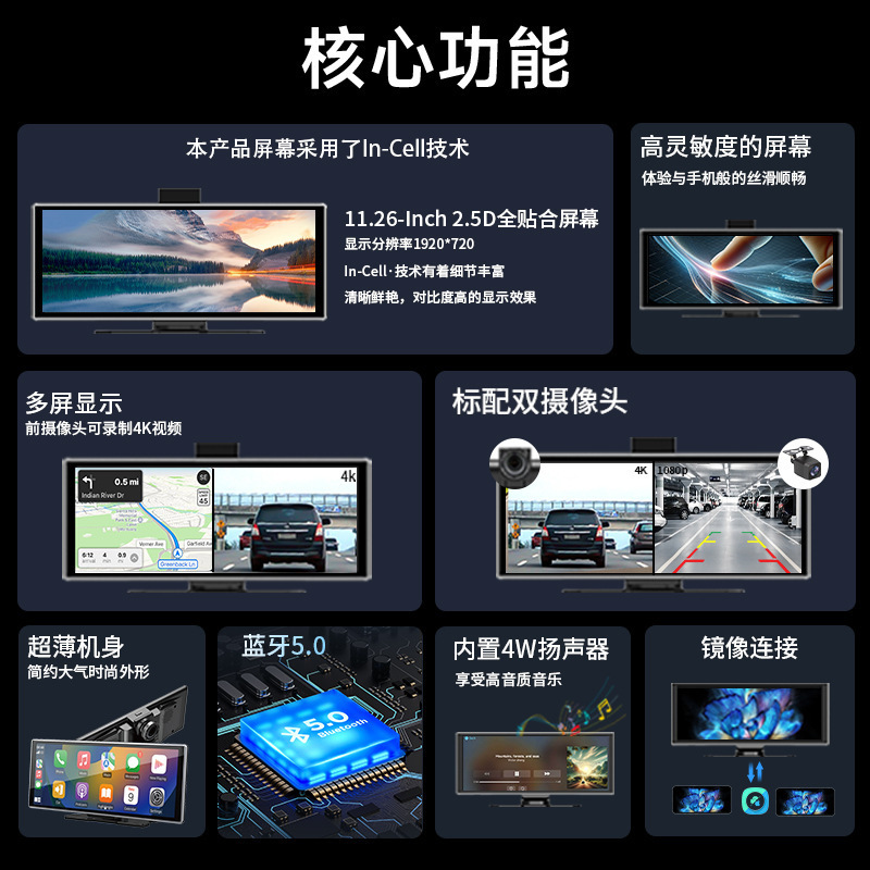 跨境寸Carplay智慧屏便捷导航MP5播放器车载投屏行车记录仪
