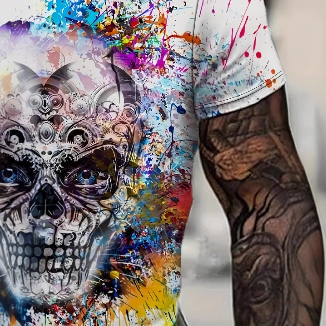 Camiseta de cuello redondo transpirable de malla de manga corta suelta para hombre con estampado digital 3D