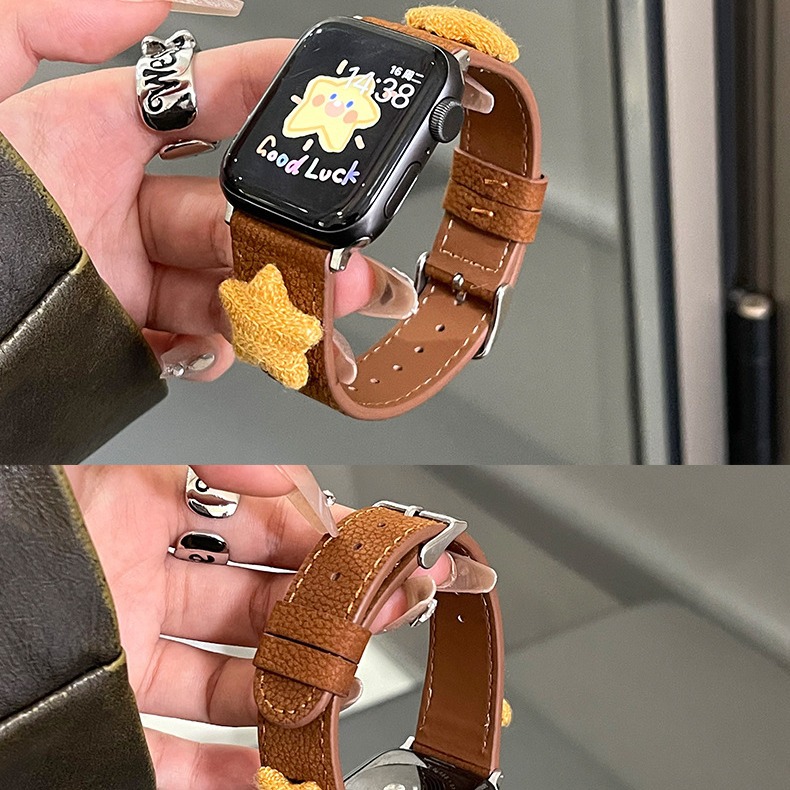 Ins Three-Dimensional Five-Pointed Star Plush Leather iWatch Strap S11 Suitable for Applewatch Apple 9 Watch S10