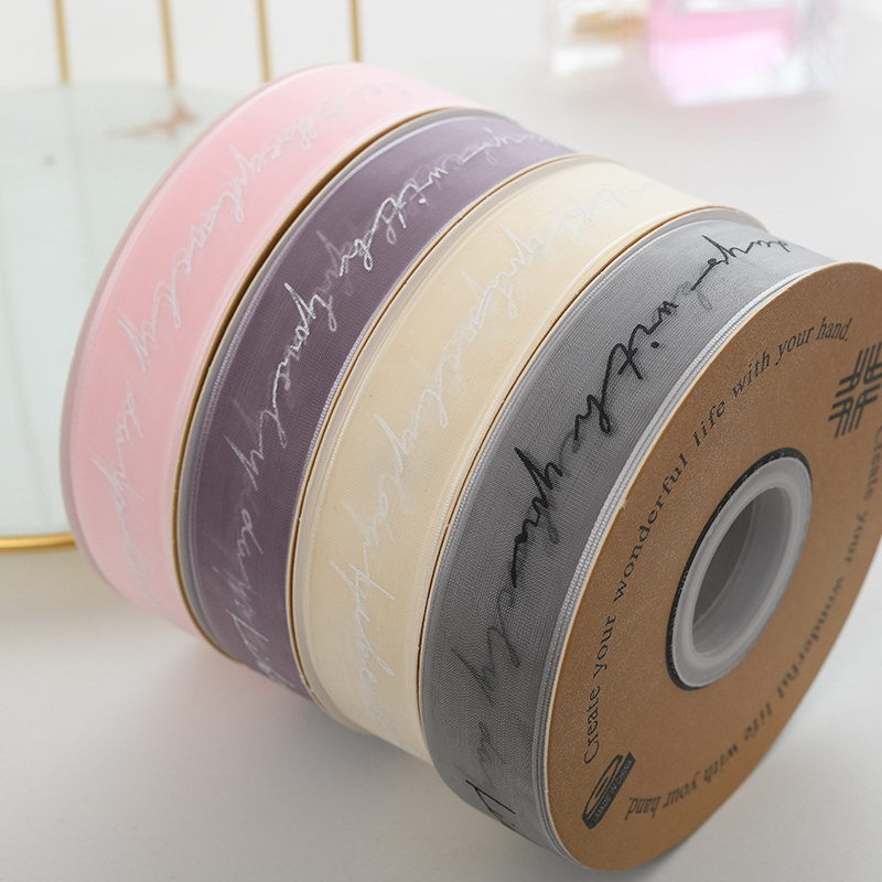 Venta al por mayor cinta de impresión de hilo de nieve letras inglesas Flor de organza pastel de embalaje cinta de ramo de vendaje transparente