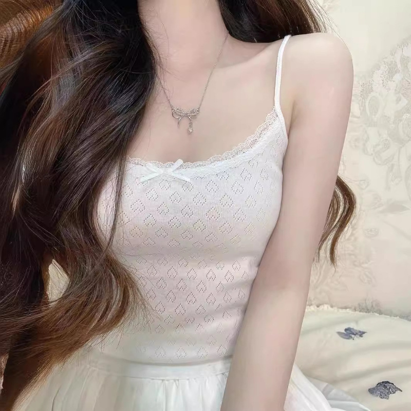 Bm Style American Short Top Summer Heart Embroider Pure Color Lace Stitching Slim Tight Knitted Camisole for Women Bm Style American Short Top Summer Heart Embroider Pure Color Lace Stitching Slim Tight Knitted Camisole for Women
