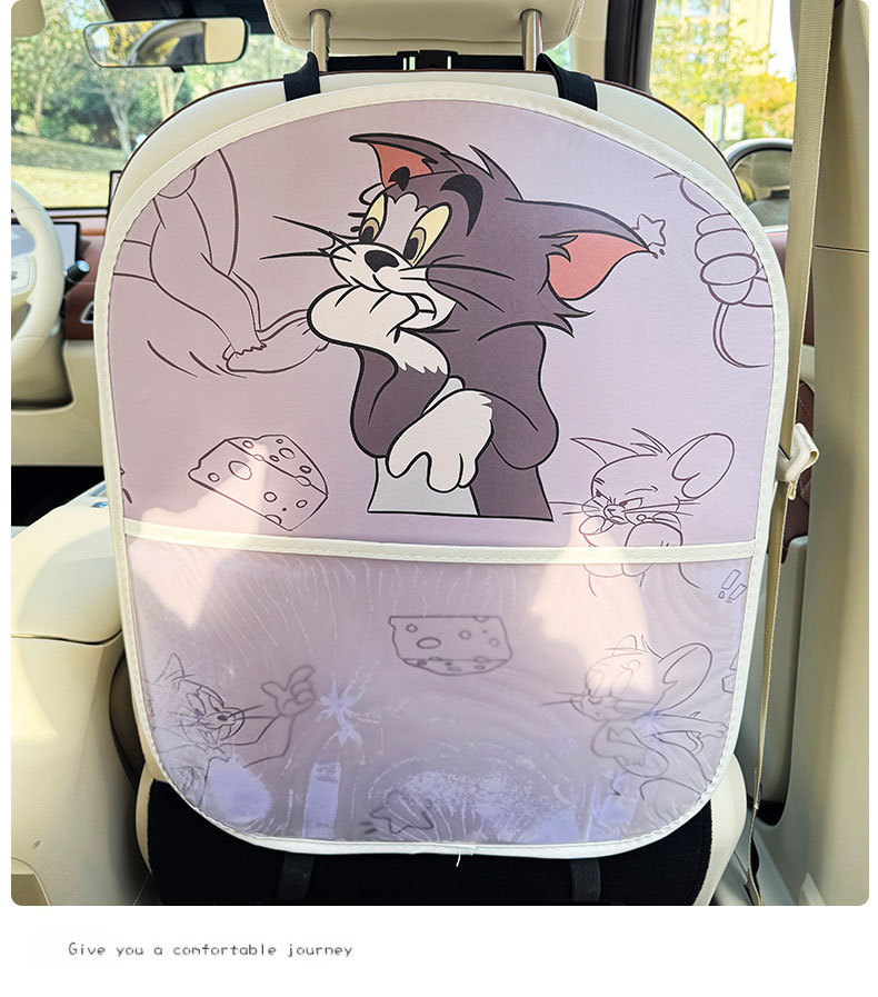Cat and Mouse Cartoon Car Seat Back Anti-Kick Pad Car Seat Back Anti-Dirt Pad with Storage Bag
