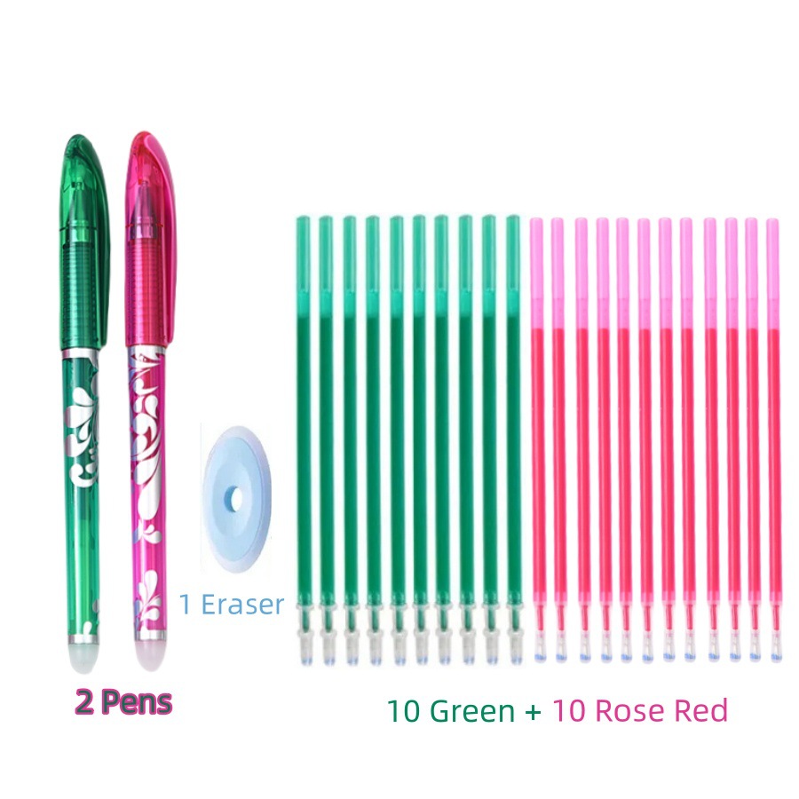 녹색 장미 빨간색 혼합 팩 - 녹색 펜 1개, 장미 빨간색 펜 1개 + 녹색 리필 10개, 장미 빨간색 리필 10개 + 지우개 1개