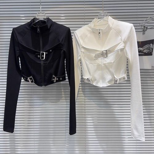 Slimming Top with Stand Collar, Chic & Cool Base Layer for Spring/Summer—Women's Design, Fitted Fit, Asymmetrical Style, Featuring a Metal Zipper and Secure Buckle