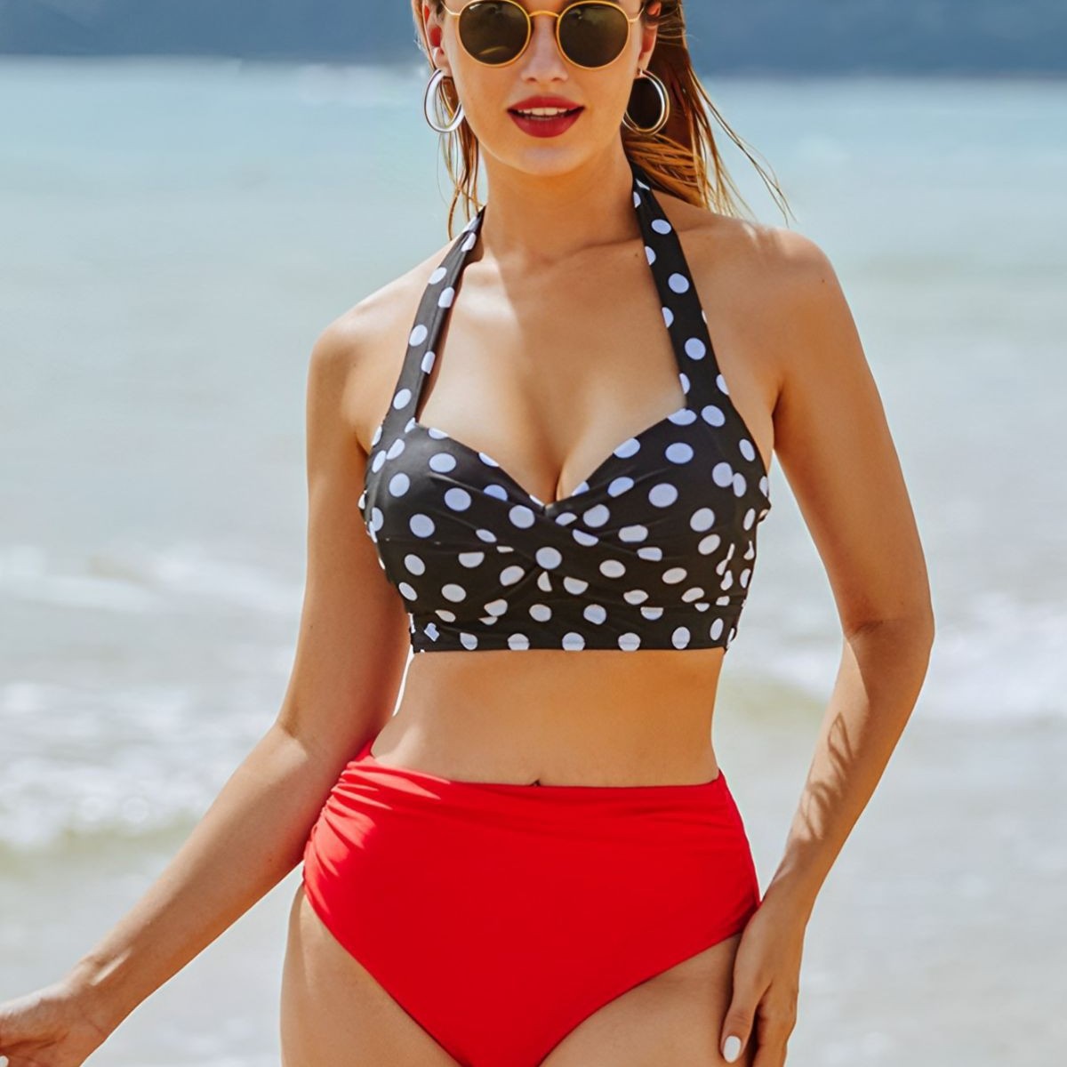 Women's High Waist Ruffle Bikini Set - Sexy Two-Piece Swimwear With Twist Front & Polka Dot Print, Quick Dry & Stretchy Fabric, Multiple Colors_ecoleips.com