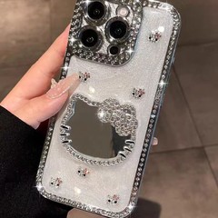 闪钻kt猫咪带镜子适用苹果17promax手机壳新款iphone15可爱14pro