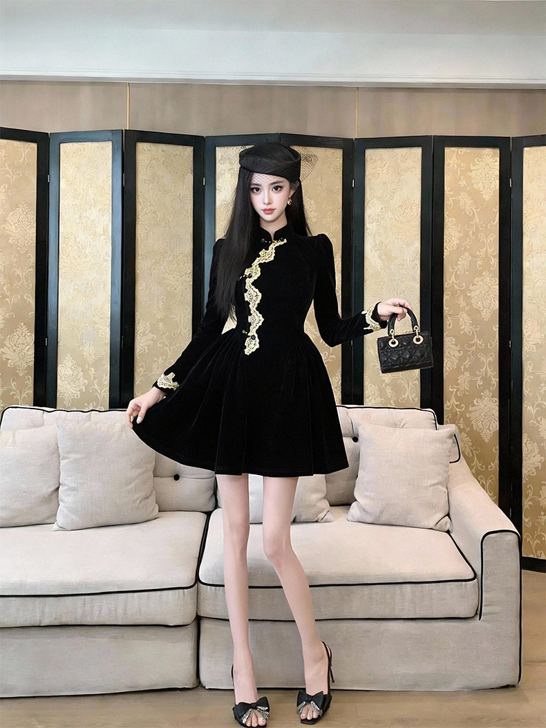 Váy sườn xám cải tiến phong cách Tân Trung Hoa chất nhung dáng suông midi — đen chi tiết 1