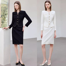 春秋时尚新款黑色无领小香风职业女裙套装修身显瘦高级感名媛套裙
