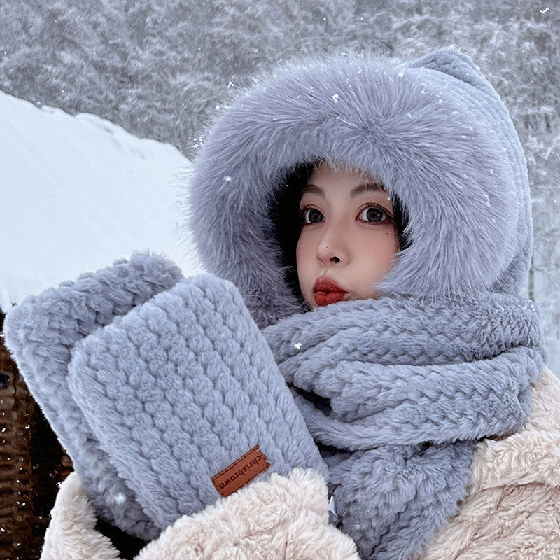 Зимняя шапка, комплект для утепления, милая шарф, ветрозащита перчатки, набор из 3 предметов, увеличенная толщина, три в одном