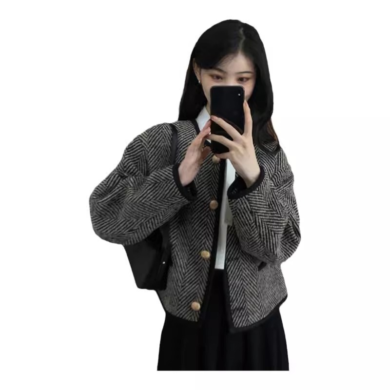 法式复古小香风外套女秋冬季2025新款高级感条纹短款夹克开衫上衣|undefined