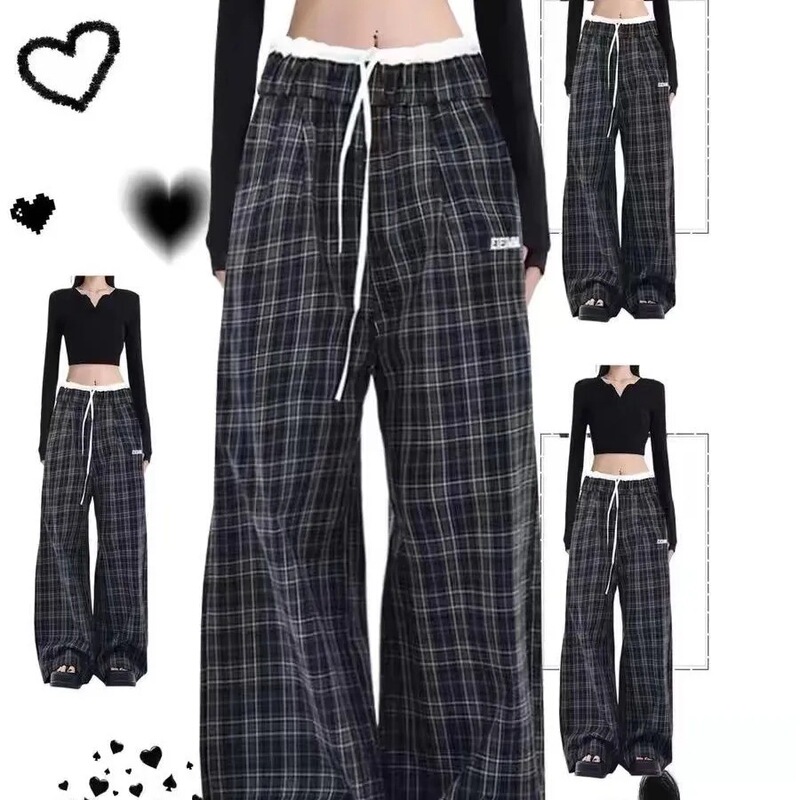 American Style Vintage Stitching Plaid Wide Leg Pants Women's Early Autumn High Waist Loose Casual Pants Straight-tube Dagging Long Pants