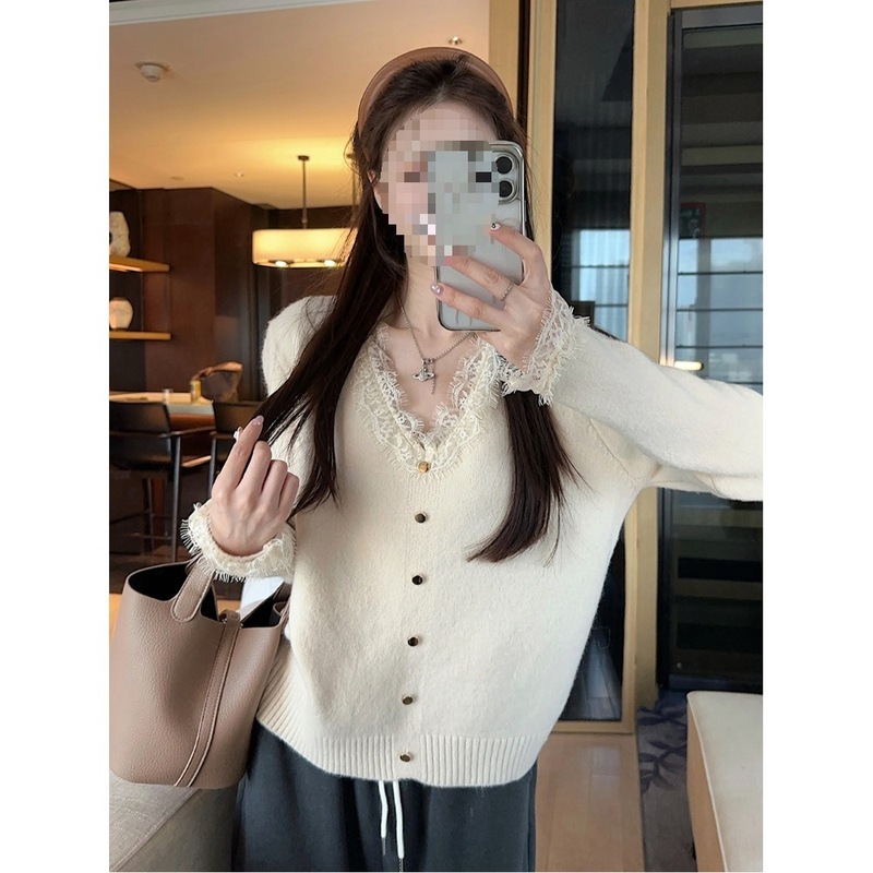 温柔风蕾丝花边粉色毛衣女冬季百搭打底衫宽松软糯针织衫内搭上衣|undefined