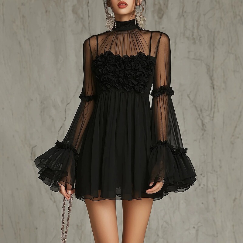 Dress with Large Floral Design on the Chest, Cross-Border European and American Style, French-Style Three-Dimensional Rose Mesh Dress, High-Neck Sheer Flared Little Black Dress Dress with Large Floral Design on the Chest, Cross-Border European and American Style, French-Style Three-Dimensional Rose Mesh Dress, High-Neck Sheer Flared Little Black Dress