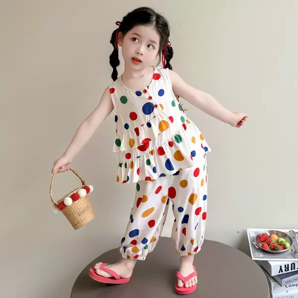 Baby Summer Clothes, Stylish Girls' Suits, New Summer Style Children's Polka Dot Cotton Silk Suits, Thin Children's Clothing, Home Clothes