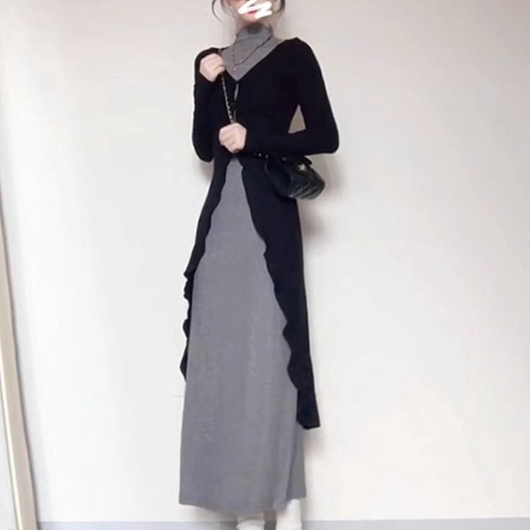 2025新款秋冬连衣裙新中式灰色女装轻奢遮肉气质裙子套装两件套女|undefined