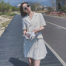 實拍新款白色西裝連衣裙女夏季韓版收腰氣質短袖法式減齡百褶裙子