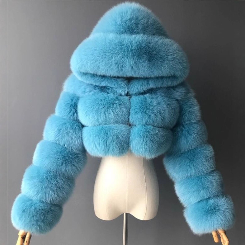 European and American Style Short Faux Fur Coat with Hood, Faux Fox Fur, Long Sleeves, Patchwork, Wholesale Short Fur Coat for Women