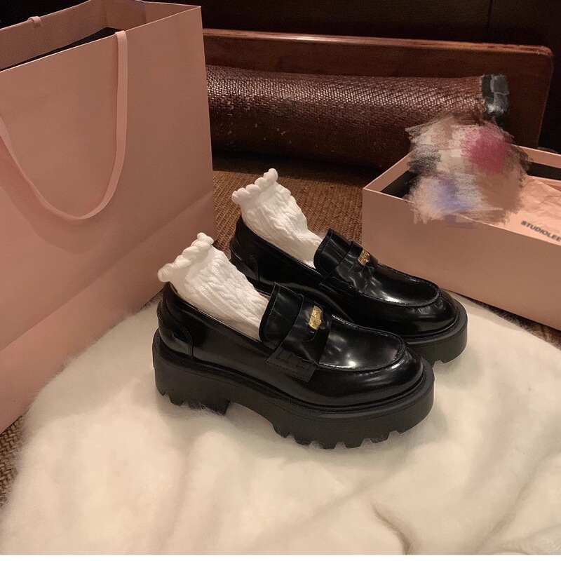 牛皮版葡萄妈真皮贵气小金币尖圆头粗跟一脚蹬乐福鞋女厚底小皮鞋|undefined