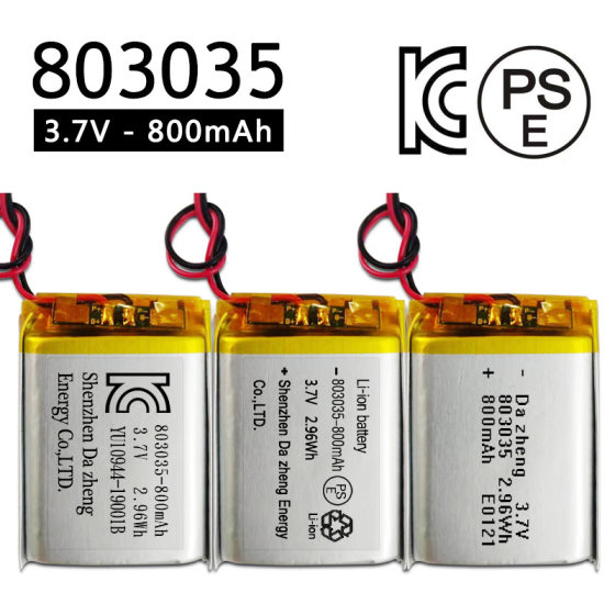 803035-800mAh 3.7V lithium battery Korea KC Japan PSE certified LED light applicable