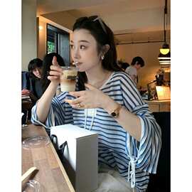 慵懒风蓝色条纹v领冰丝薄纱防晒罩衫女夏吊带外搭针织空调衫上衣