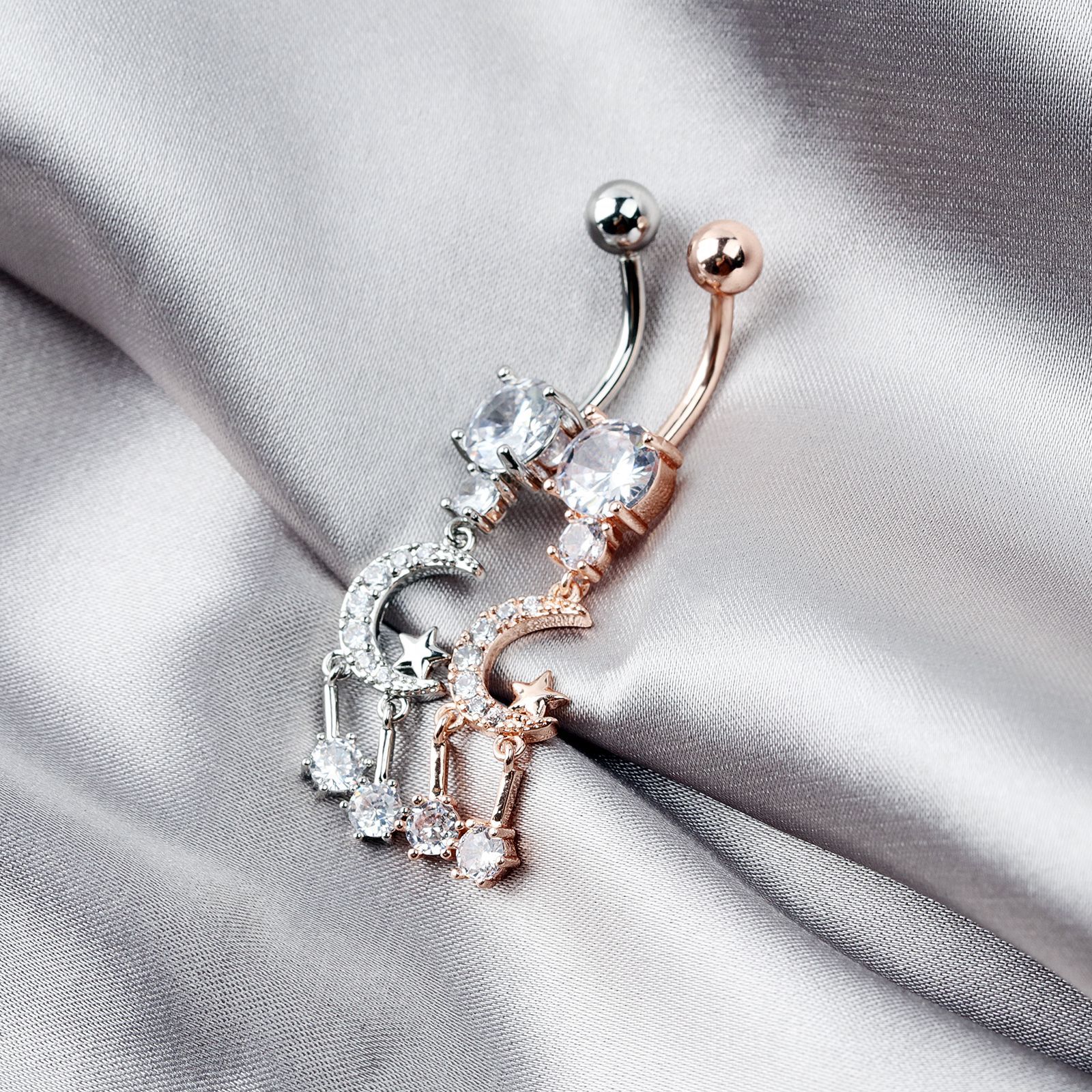 Stainless Steel Moon Zircon Navel Ring With Diamond Details_voghion.com