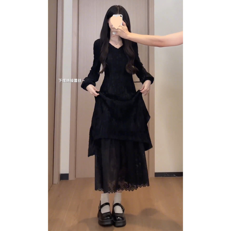 法式高级长袖白色连衣裙女秋冬配大衣内搭打底字裙蕾丝拼接长裙|undefined