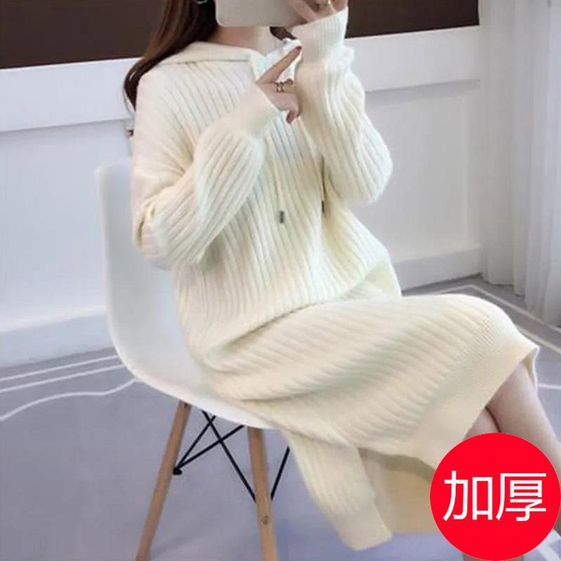过膝中长款连衣裙女秋冬新款宽松加厚连帽女士针织打底裙子潮