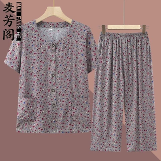 奶奶夏装短袖套装女中老年人夏季薄衬衫妈妈洋气两件套老太太衣服